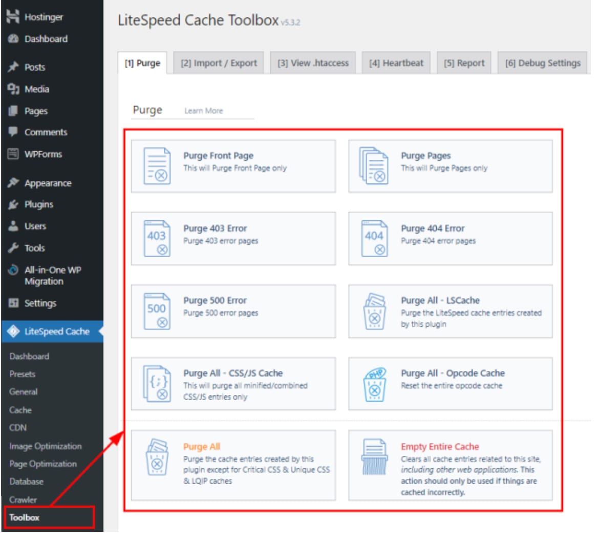 LiteSpeed Cache Toolbox in Hostinger, with Toolbox menu and Purge All option highlighted