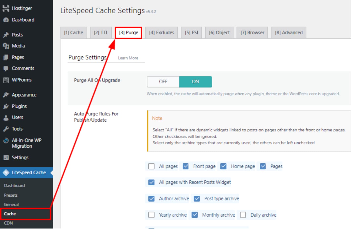 LiteSpeed Cache settings in WordPress, with the Purge tab and Cache menu highlighted