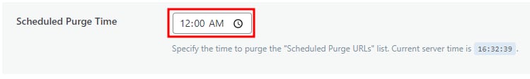 LiteSpeed Cache scheduled purge time field set to 12:00 AM