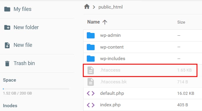 Hostinger file manager with the .htaccess file highlighted in public_html