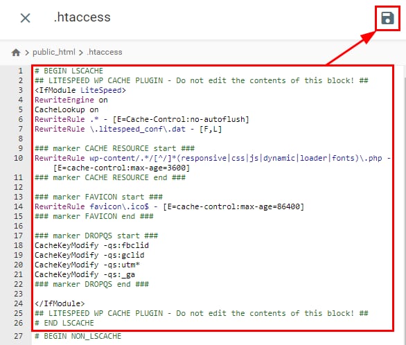 LiteSpeed cache rules in the .htaccess file, with the save icon highlighted in the top right