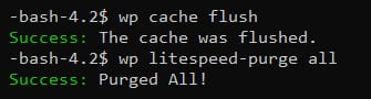 Terminal showing WP-CLI cache flush commands and success messages for LiteSpeed cache purge