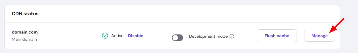 Hostinger CDN status panel with Manage button highlighted on the right