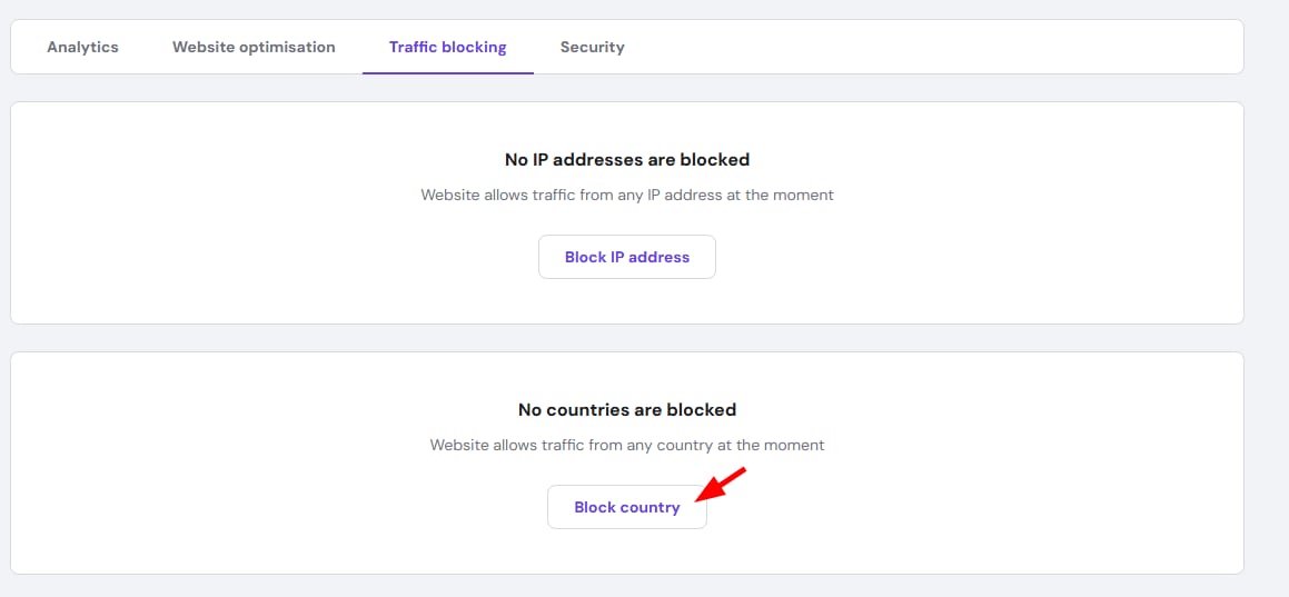 Hostinger CDN traffic blocking tab with Block country button highlighted