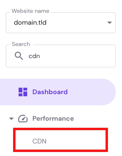 Hostinger hPanel sidebar with CDN menu item highlighted