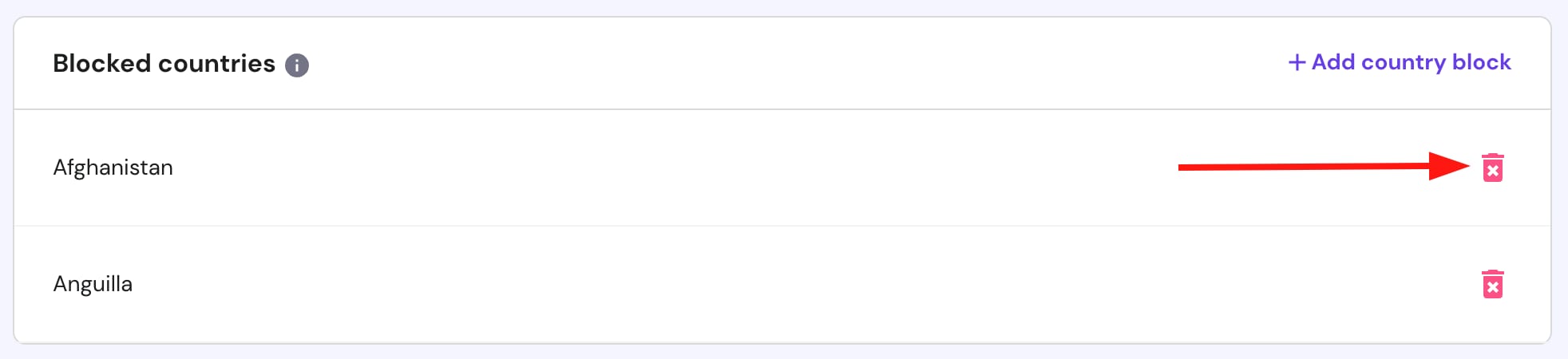 Blocked countries list with Afghanistan delete icon highlighted