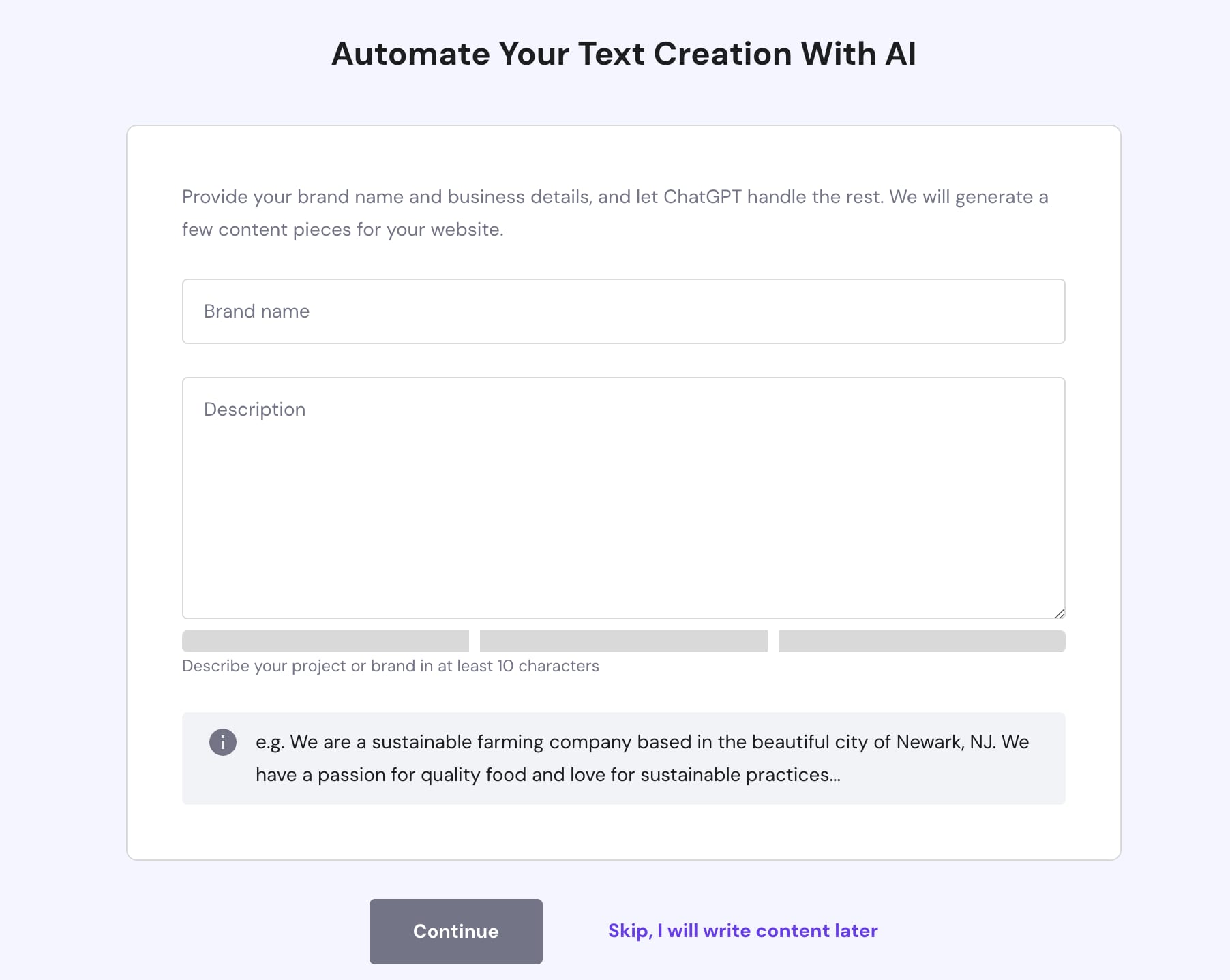 Hostinger WordPress AI Assistant form with Brand name and Description fields, plus Continue button