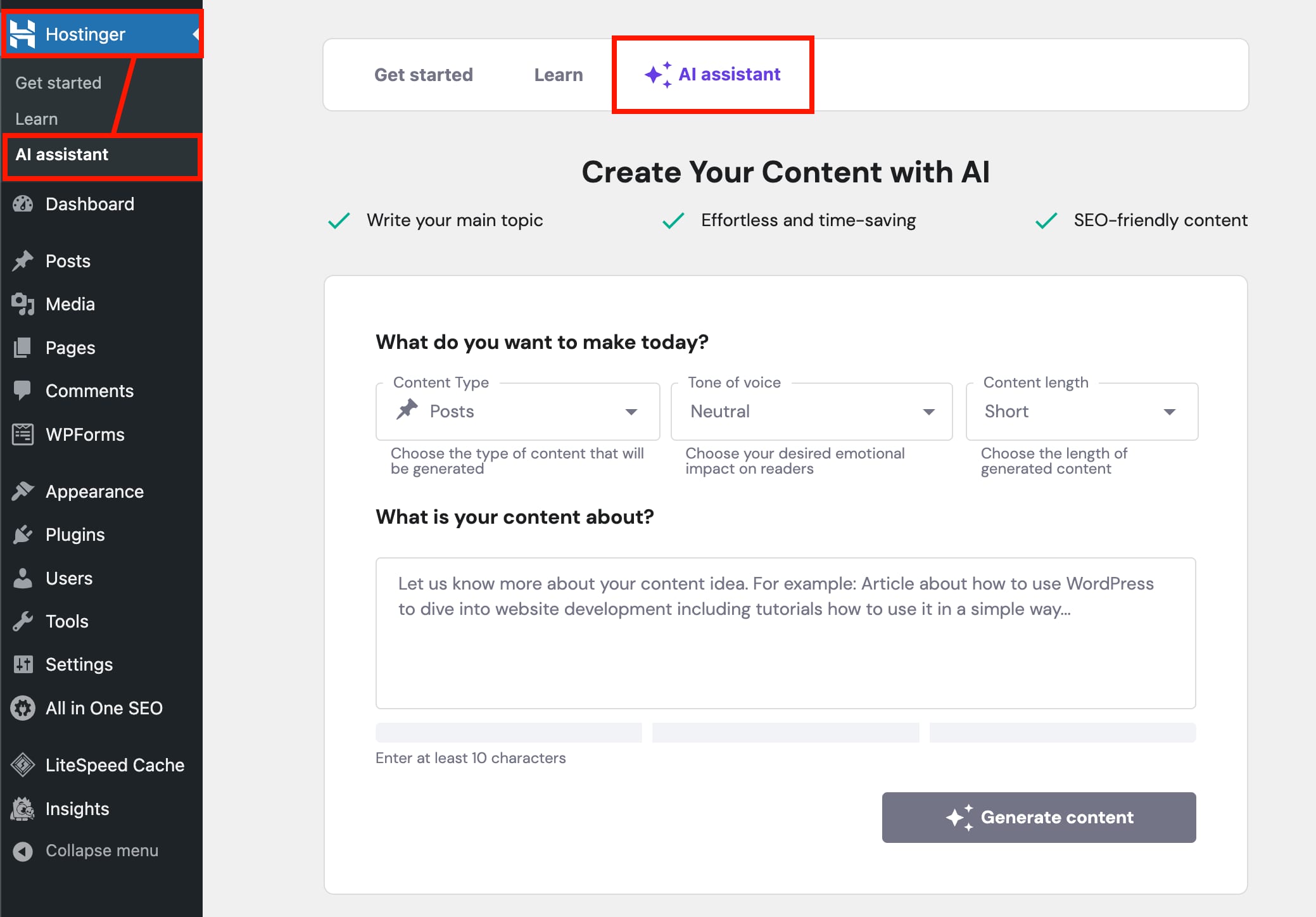 WordPress AI Assistant tab selected in Hostinger dashboard, showing content generation form