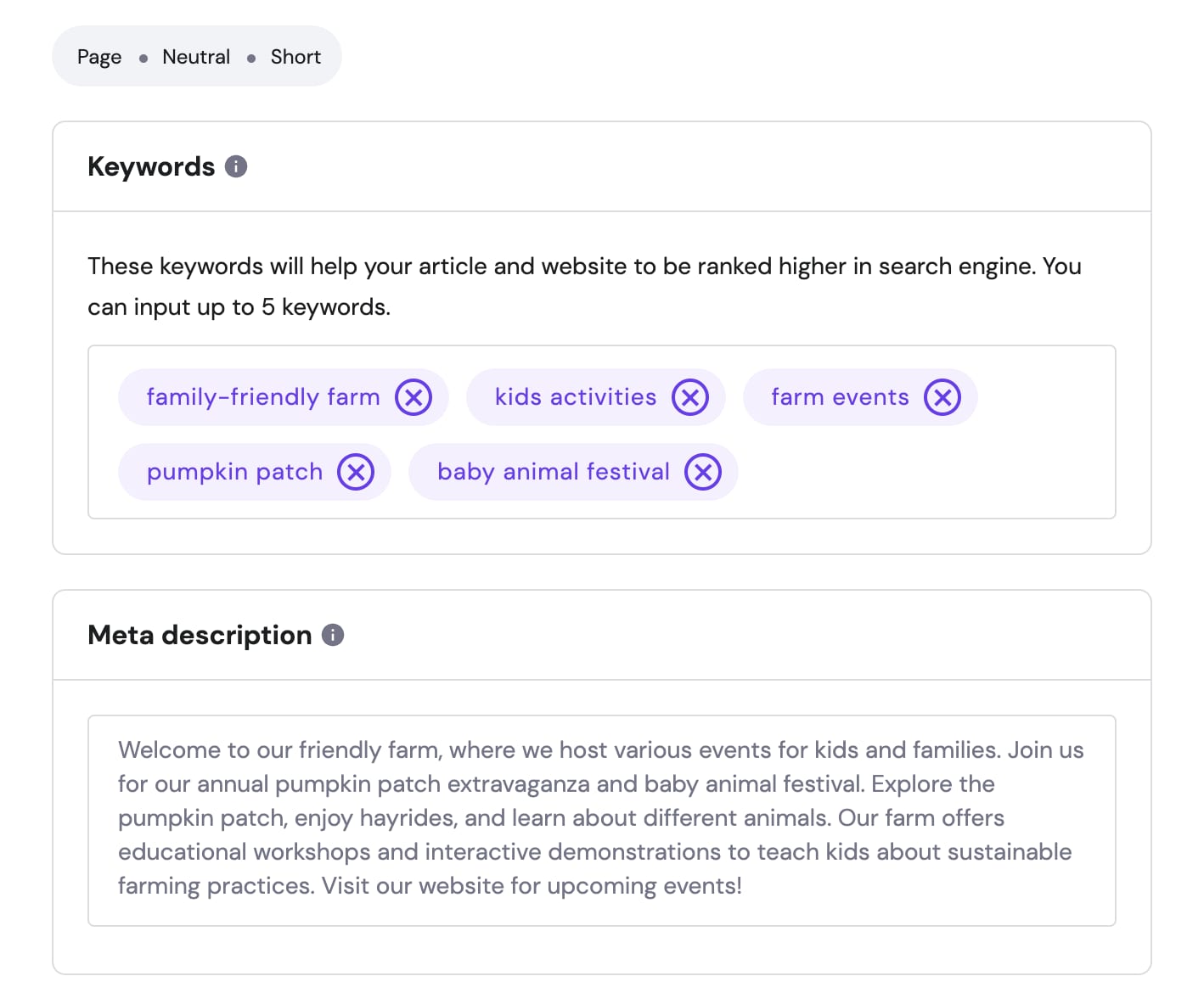 SEO settings with keywords and meta description for a family-friendly farm website