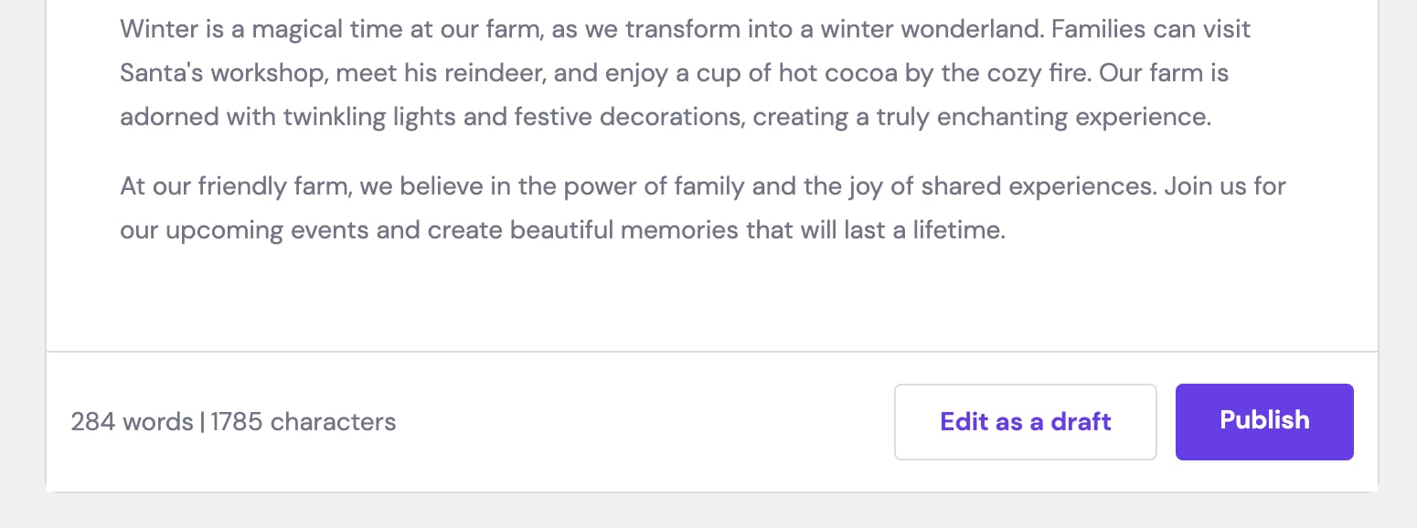 WordPress editor showing generated text with Edit as draft and Publish buttons