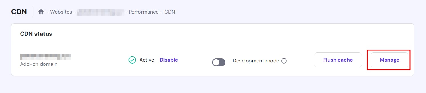 Hostinger CDN status page with Manage button highlighted, active CDN and development mode toggle