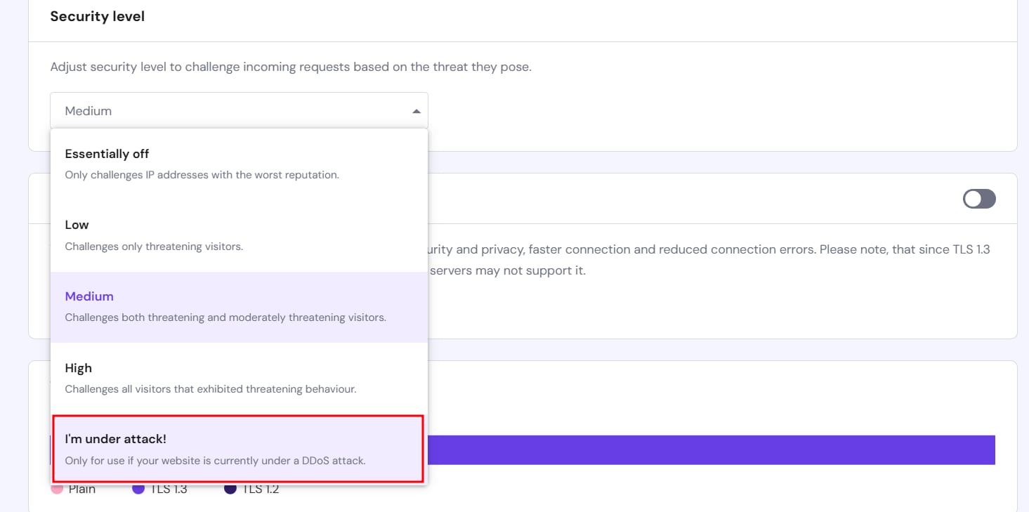 CDN security level dropdown with “I'm under attack!” option highlighted
