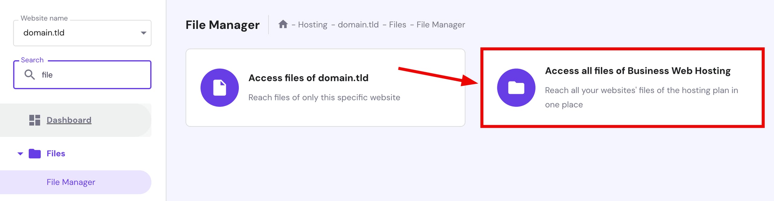 Business Web Hosting file manager option to access all site files