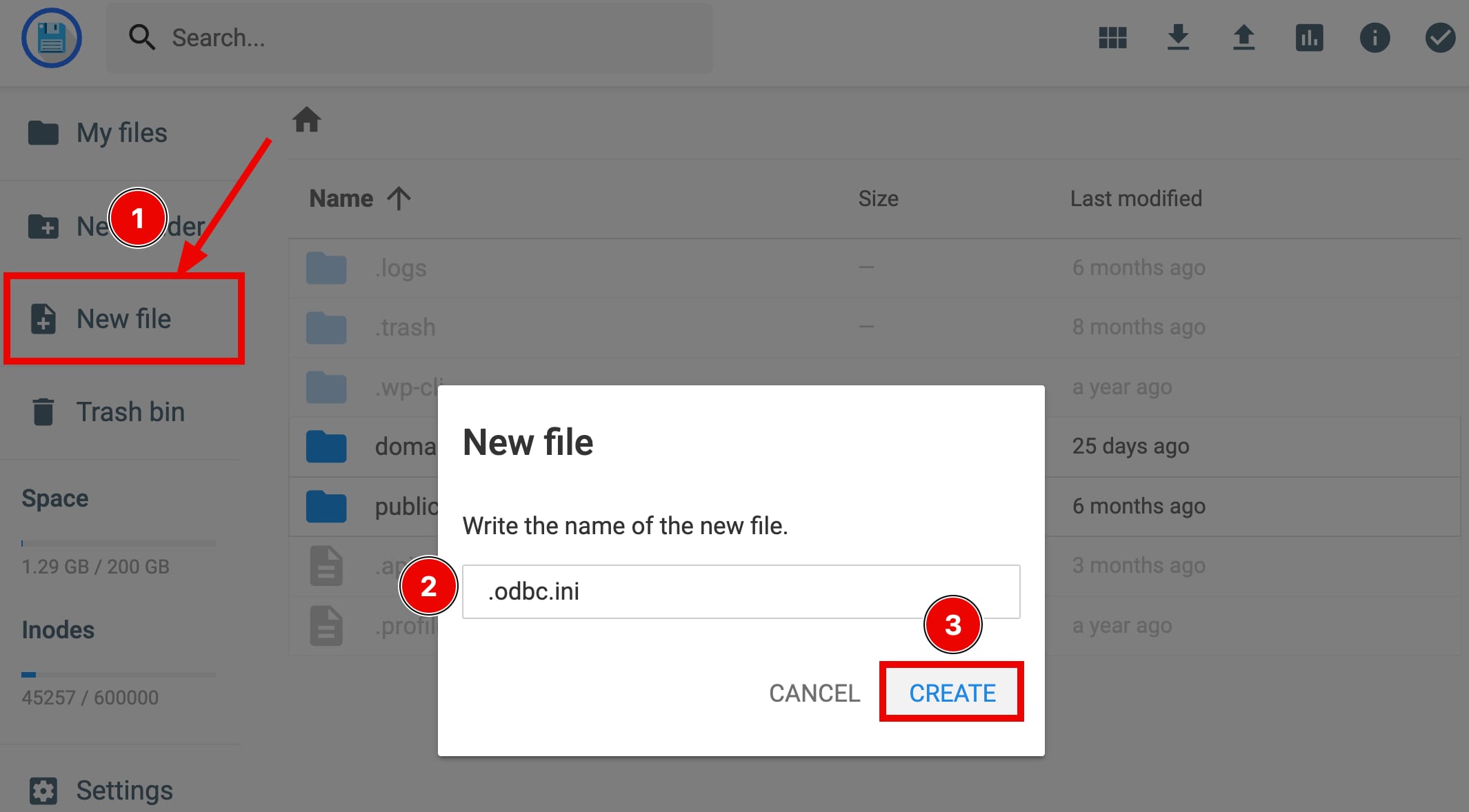 Hostinger file manager creating .odbc.ini with Create button highlighted