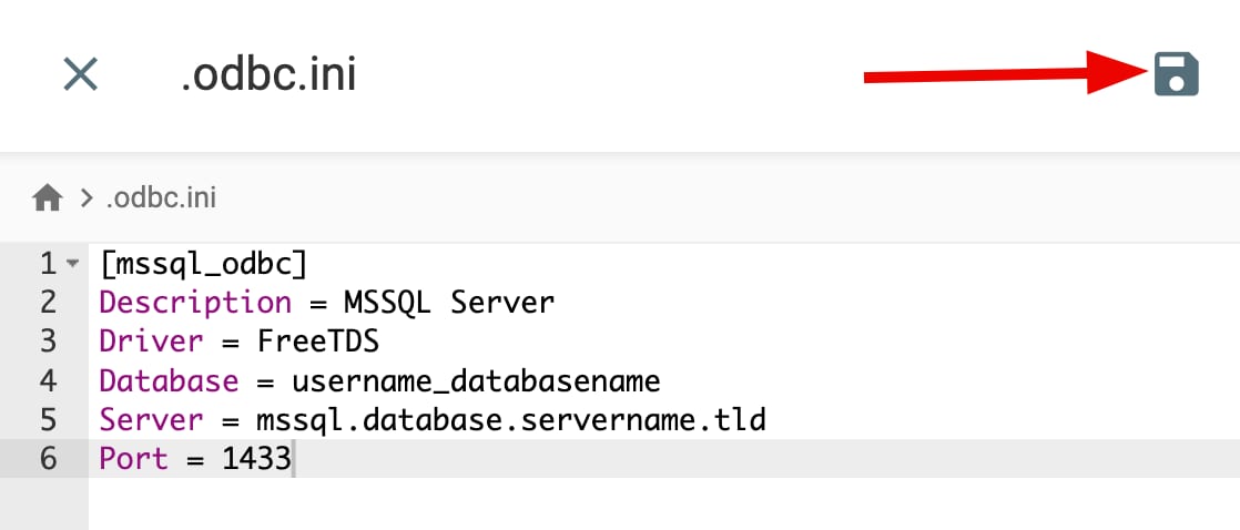 odbc.ini file editor with the save icon highlighted at the top right