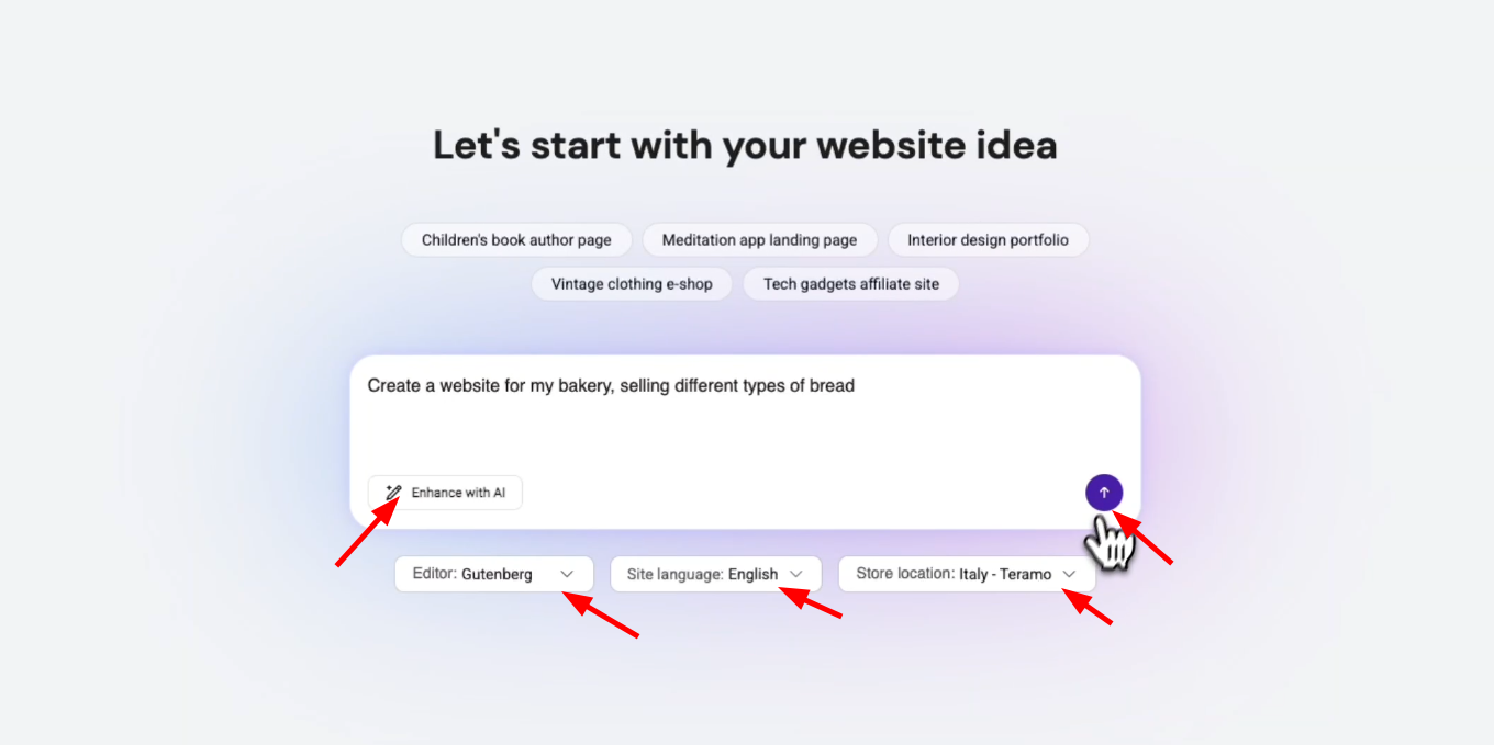 Website idea generator with a bakery prompt and highlighted send button