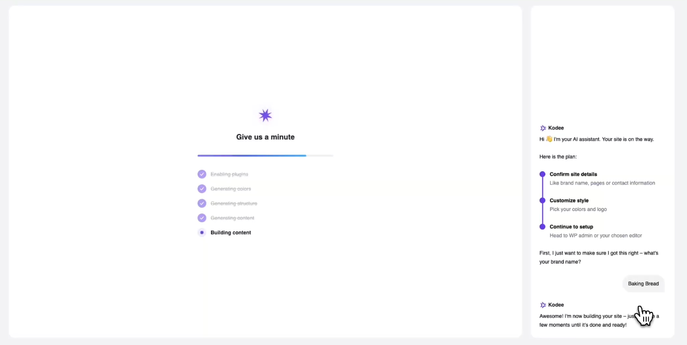Kodee setup screen with progress bar and checklist, building content