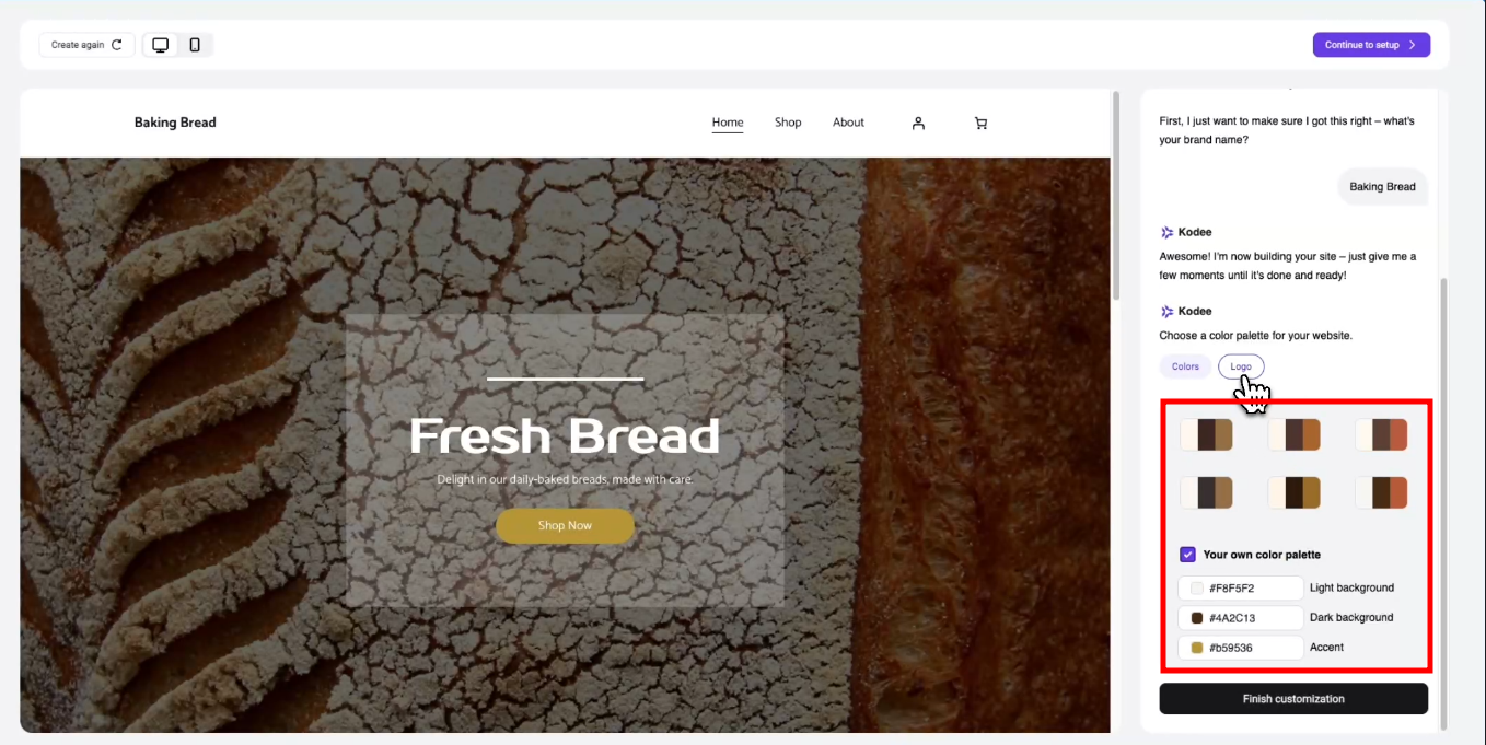 Baking Bread site setup showing selected color palette options in the customization panel